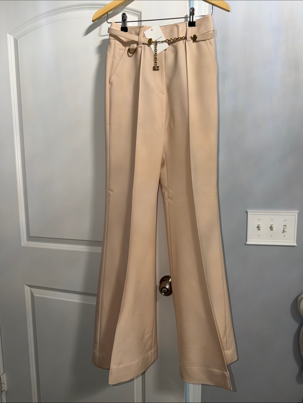 Zimmermann AU0 Cream Wide-Leg Trousers with Gold Chain Detail
